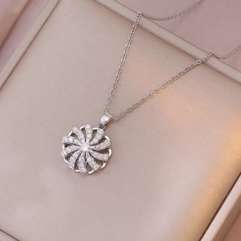 Zircon Flower Necklace Ring with Delicate Sparkling Design - X0687 Steel Flower Necklace