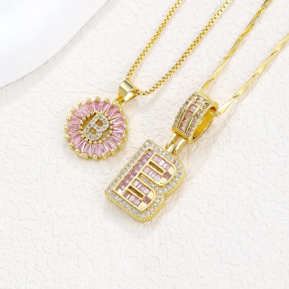 Zircon Gold Copper 26 Letter Pendant Necklace - Gold B