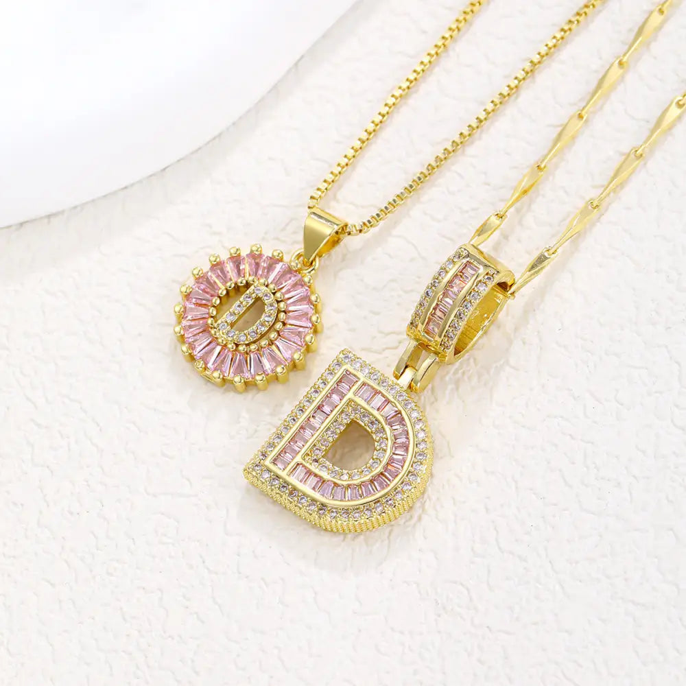 Zircon Gold Copper 26 Letter Pendant Necklace - Gold D