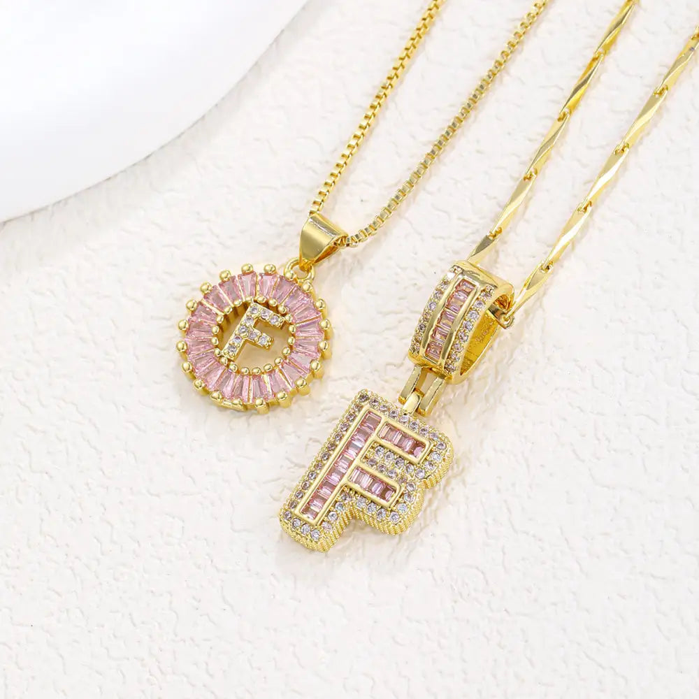 Zircon Gold Copper 26 Letter Pendant Necklace - Gold F