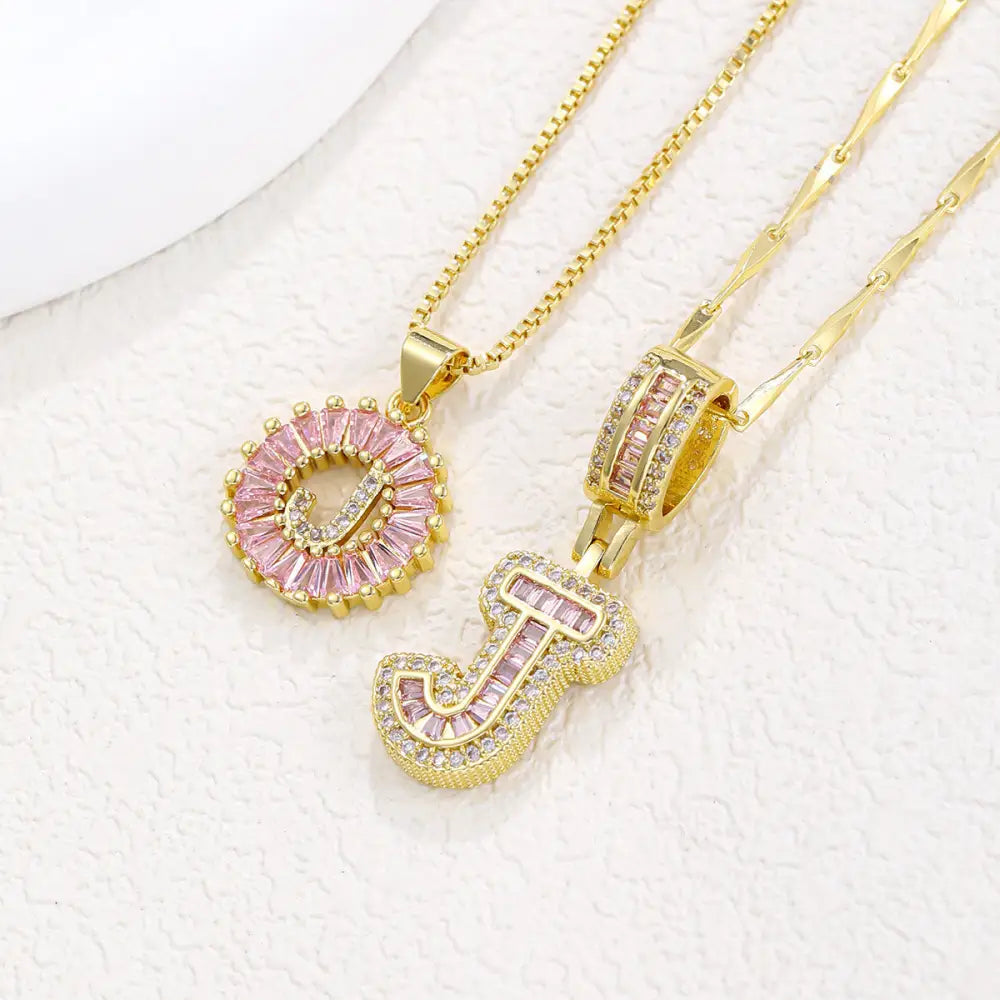 Zircon Gold Copper 26 Letter Pendant Necklace - Gold J