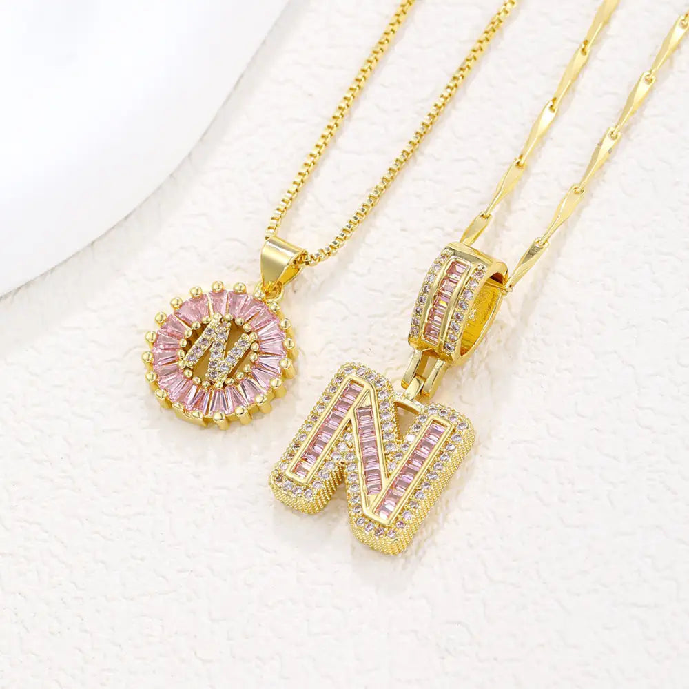 Zircon Gold Copper 26 Letter Pendant Necklace - Gold N