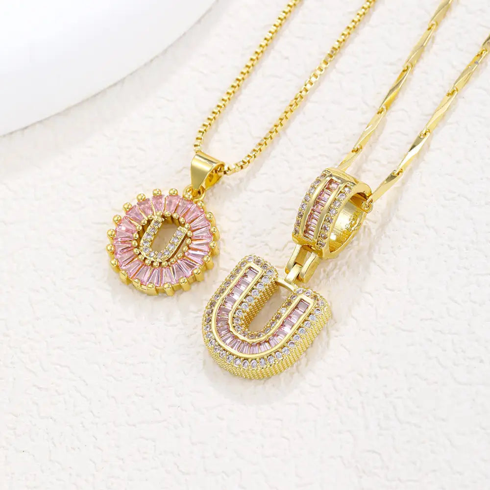 Zircon Gold Copper 26 Letter Pendant Necklace - Gold U
