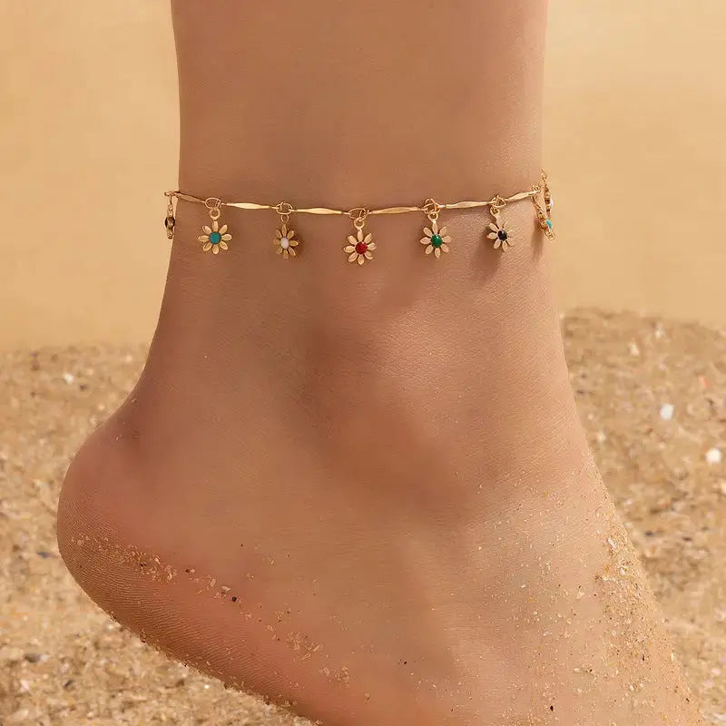 Metal Rose Tassel Anklet with Delicate Charms - LauBelle