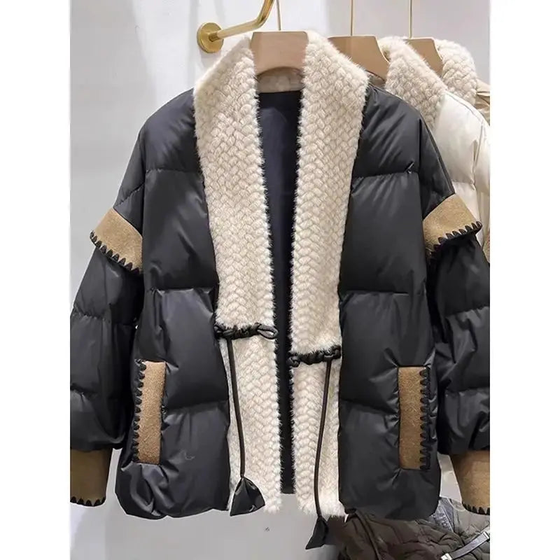 Cozy FrogVibe Furry Padded V-Neck Down Coat - LauBelle Brand