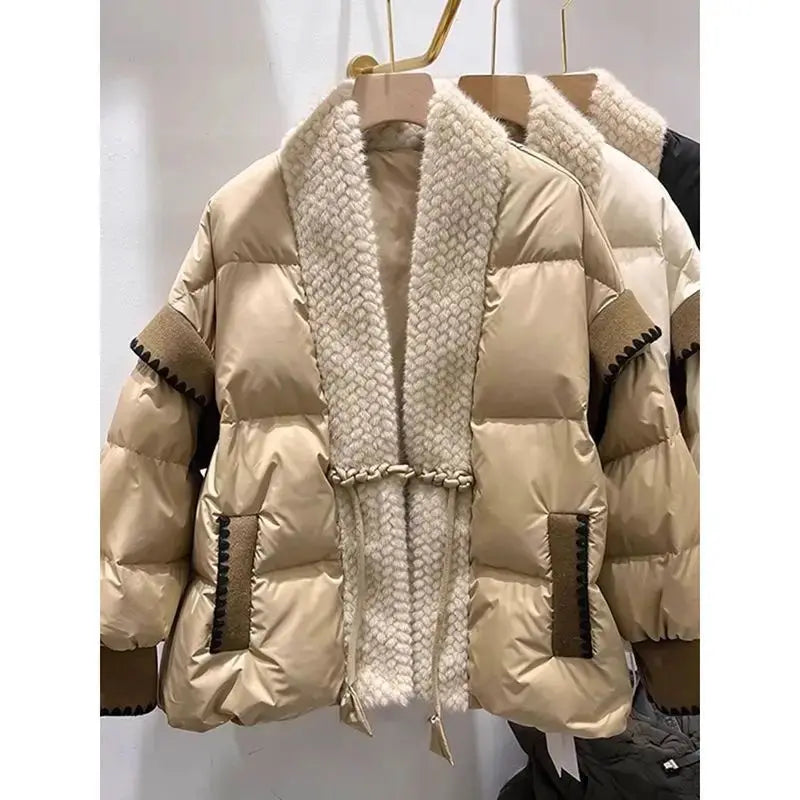 Cozy FrogVibe Furry Padded V-Neck Down Coat - LauBelle Brand