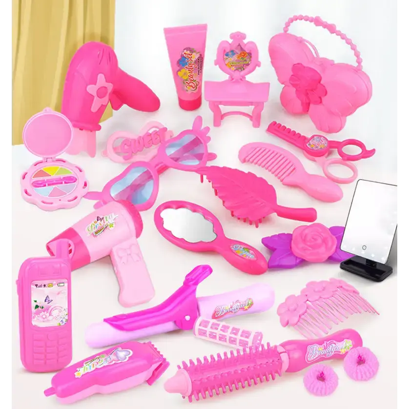 Pretty Pink Pretend Makeup Set for Kids with Realistic Safe Toys - LauBelle