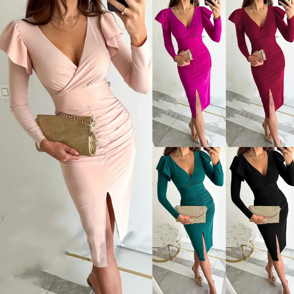 V-Neck Solid Color Long Sleeve Dress - LauBelle