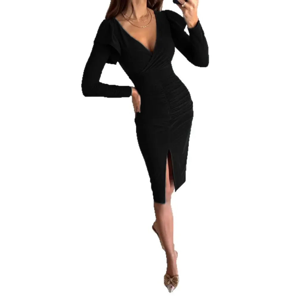V-Neck Solid Color Long Sleeve Dress - LauBelle