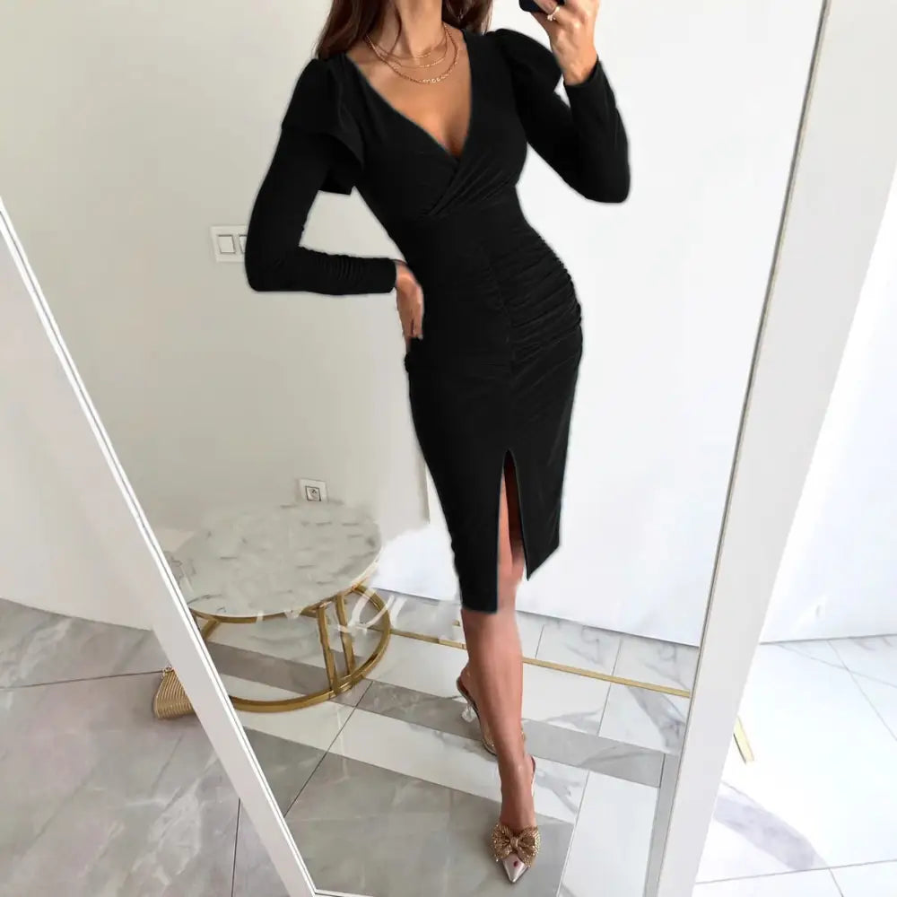 V-Neck Solid Color Long Sleeve Dress - LauBelle