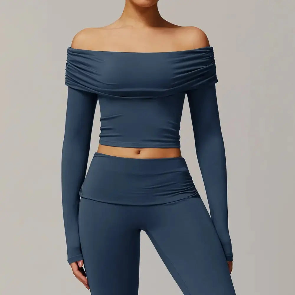 SereneFlow Light Blue Off Shoulder Yoga Crop Top and Leggings Set - LauBelle Brand