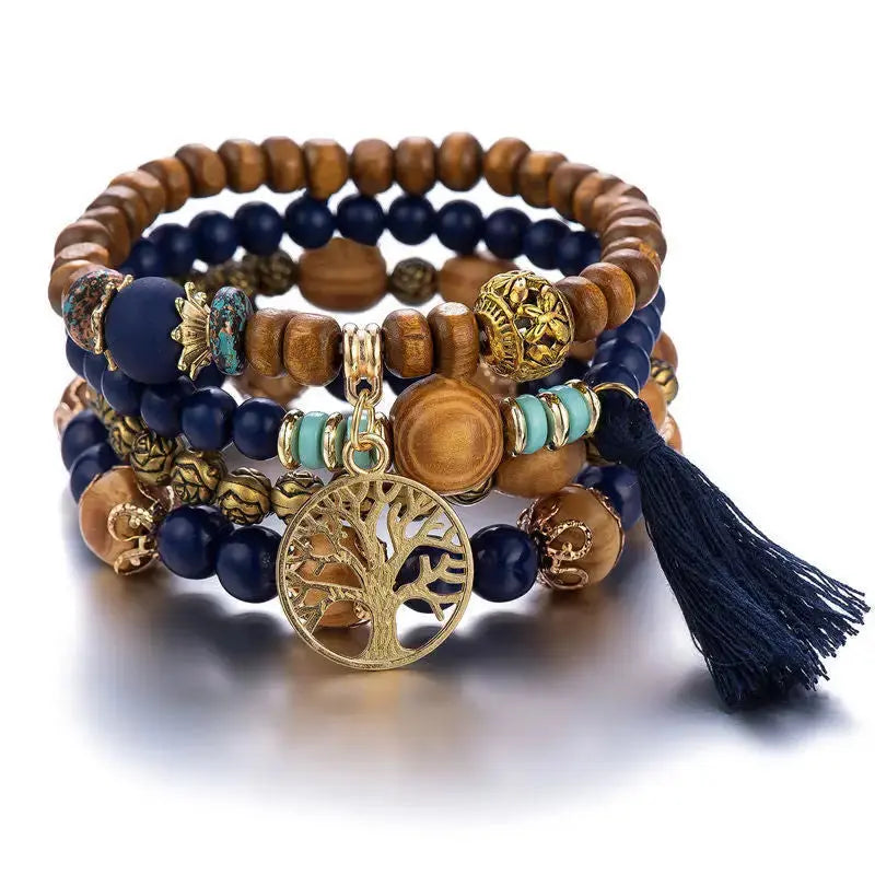 Layered Wood Bead Bracelet with Metal Accents - LauBelle