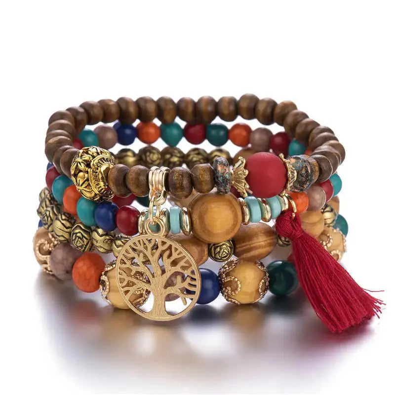 Layered Wood Bead Bracelet with Metal Accents - LauBelle