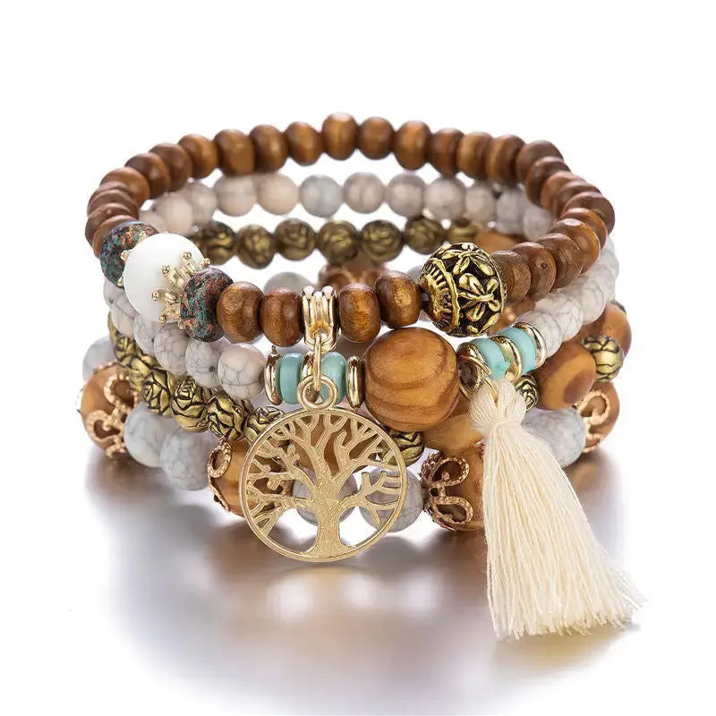 Layered Wood Bead Bracelet with Metal Accents - LauBelle