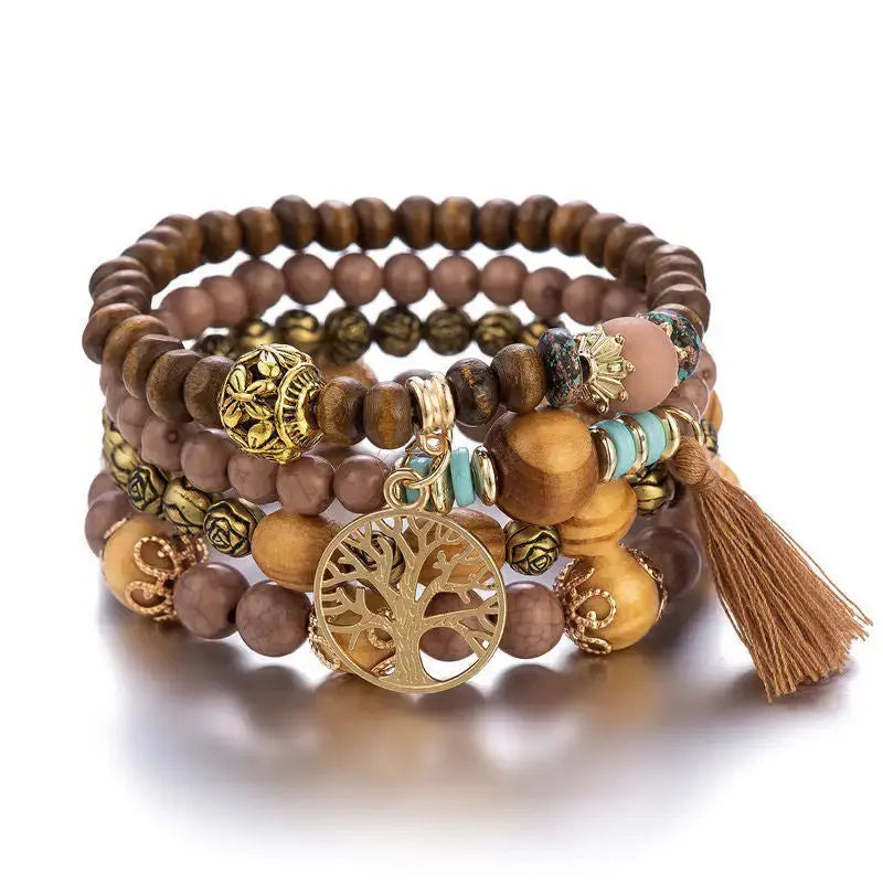 Layered Wood Bead Bracelet with Metal Accents - LauBelle