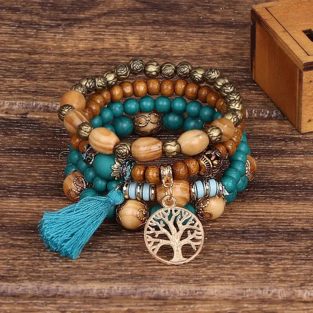 Layered Wood Bead Bracelet with Metal Accents - LauBelle