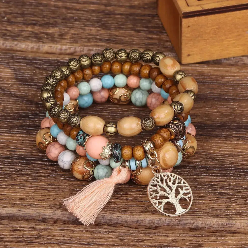 Layered Wood Bead Bracelet with Metal Accents - LauBelle