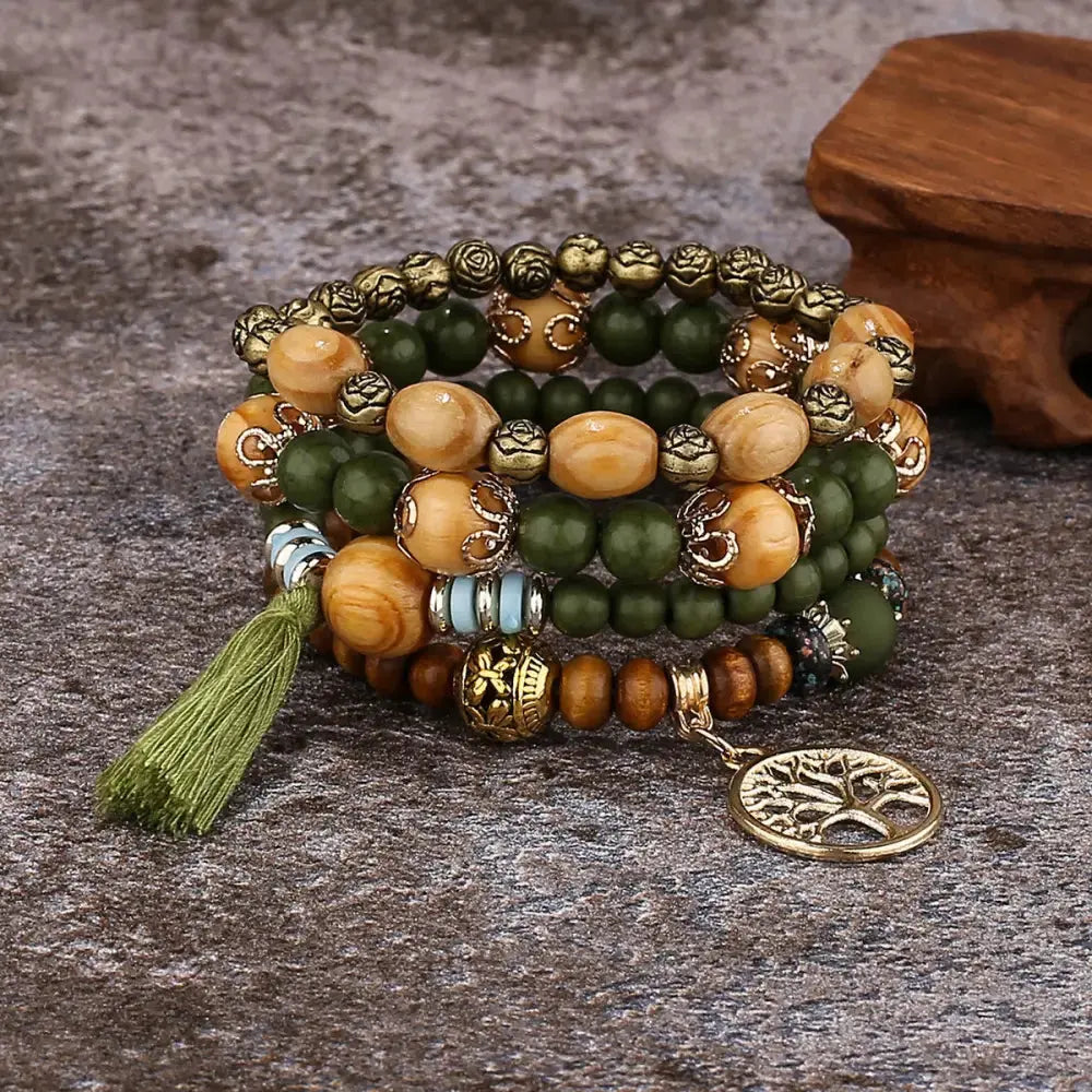 Layered Wood Bead Bracelet with Metal Accents - LauBelle