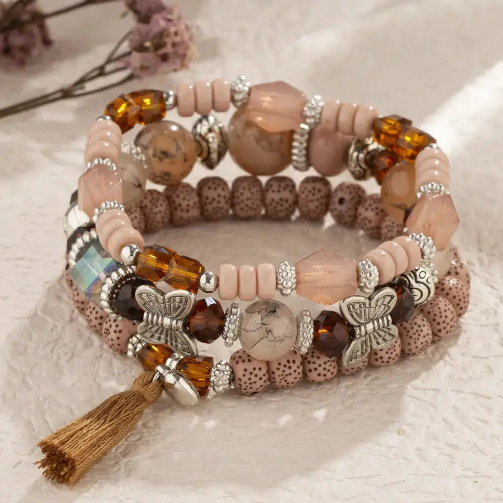 Layered Wood Bead Bracelet with Metal Accents - LauBelle