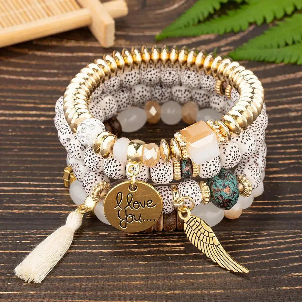 Layered Wood Bead Bracelet with Metal Accents - LauBelle