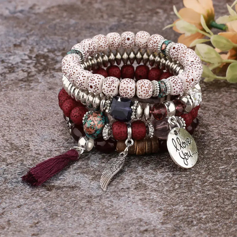 Layered Wood Bead Bracelet with Metal Accents - LauBelle