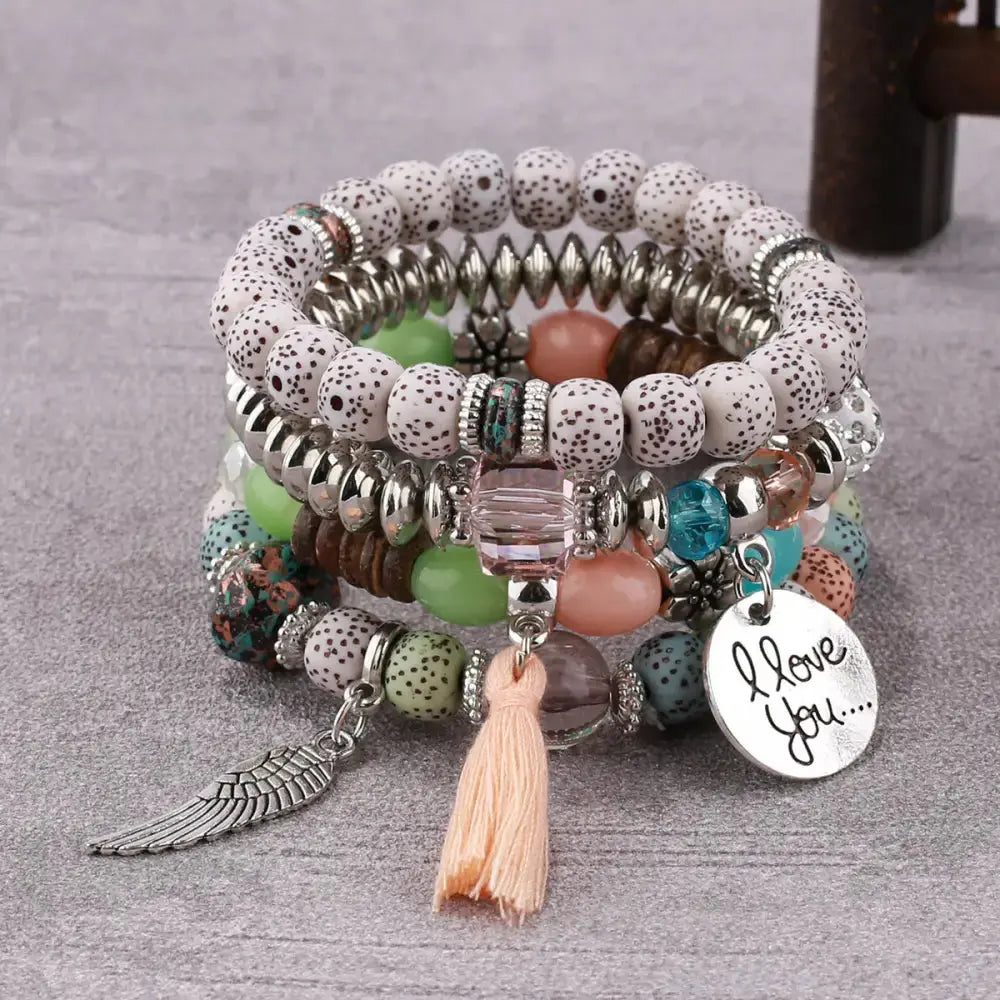 Layered Wood Bead Bracelet with Metal Accents - LauBelle