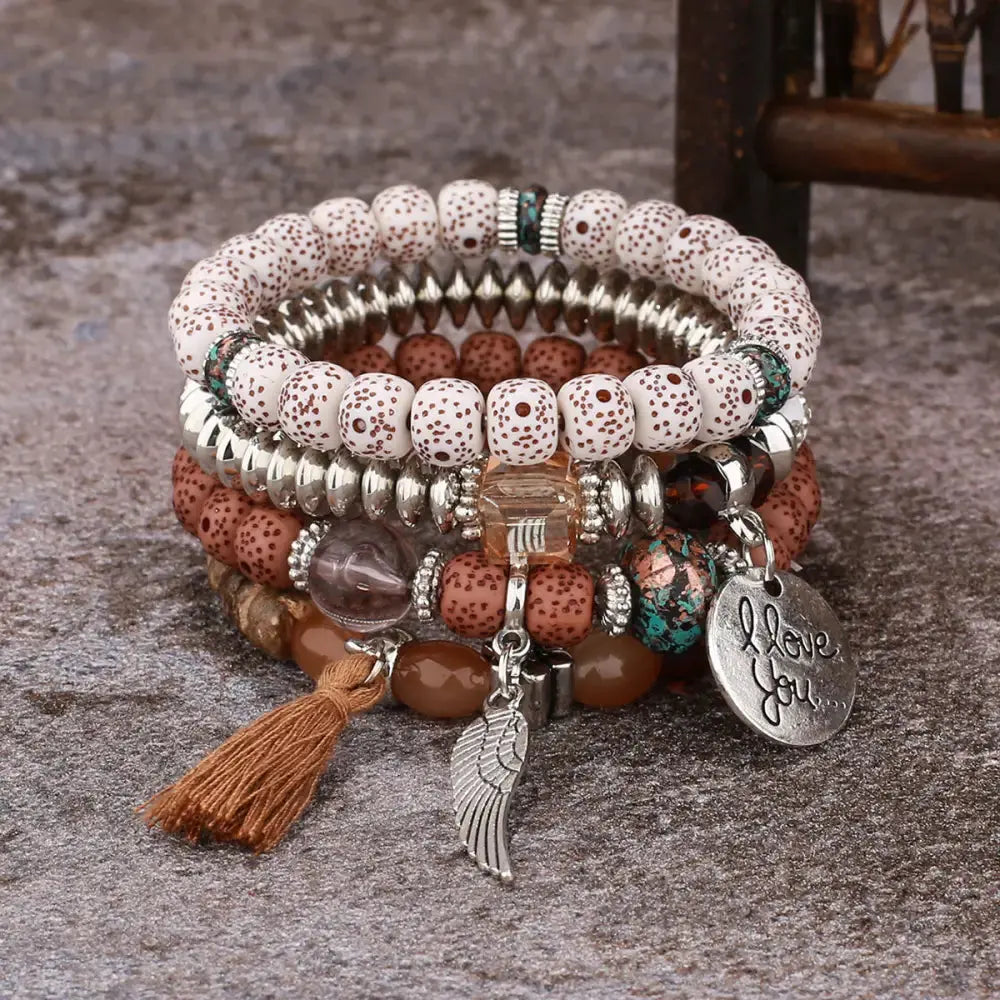 Layered Wood Bead Bracelet with Metal Accents - LauBelle