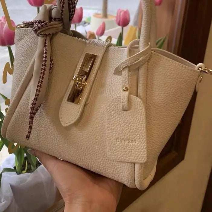 Litchi Luxe: Scarfed Shoulder Bag with Adjustable Strap - LauBelle