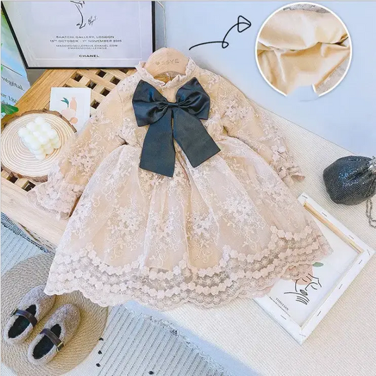 Lacey Velvet Dress with Lace Sleeve and Hemline Detailing - LauBelle