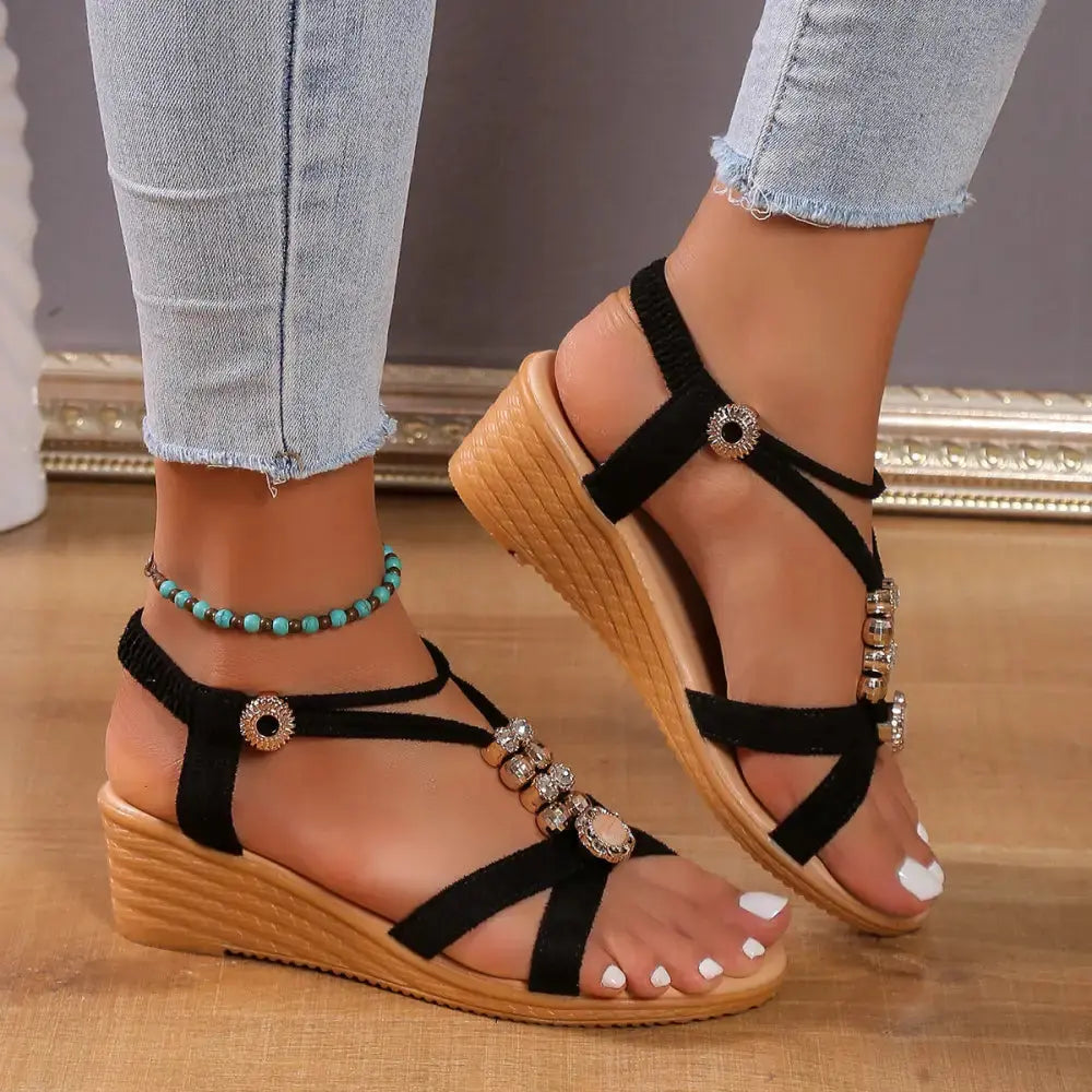 Boho Glide Beaded Wedge Sandals with Handcrafted Intricate Beadwork - LauBelle Brand