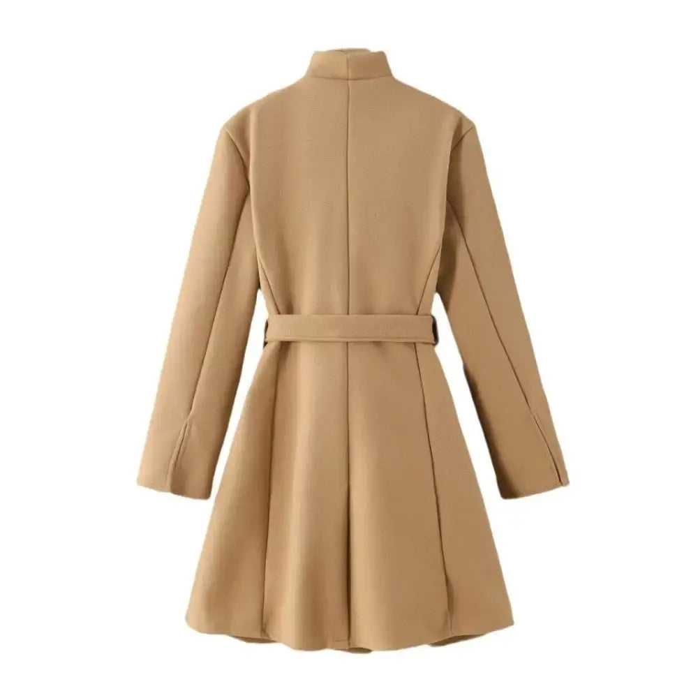 LuxeLapel Lace Knit Tan Coat with Asymmetrical Closure - LauBelle Brand