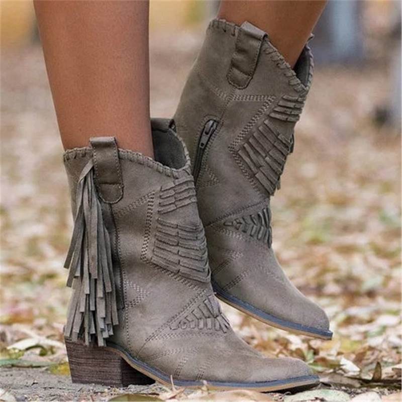 ChicStride Mid-Calf Chunky Heel Zipper Boots - LauBelle