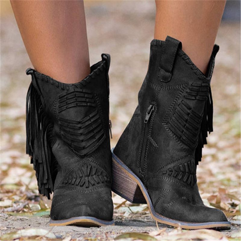 ChicStride Mid-Calf Chunky Heel Zipper Boots - LauBelle