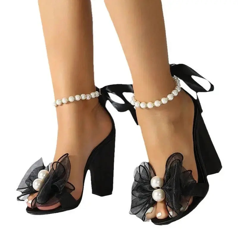 GlamourStep Ribbon Bow Beaded Peep-Toe Heels - LauBelle