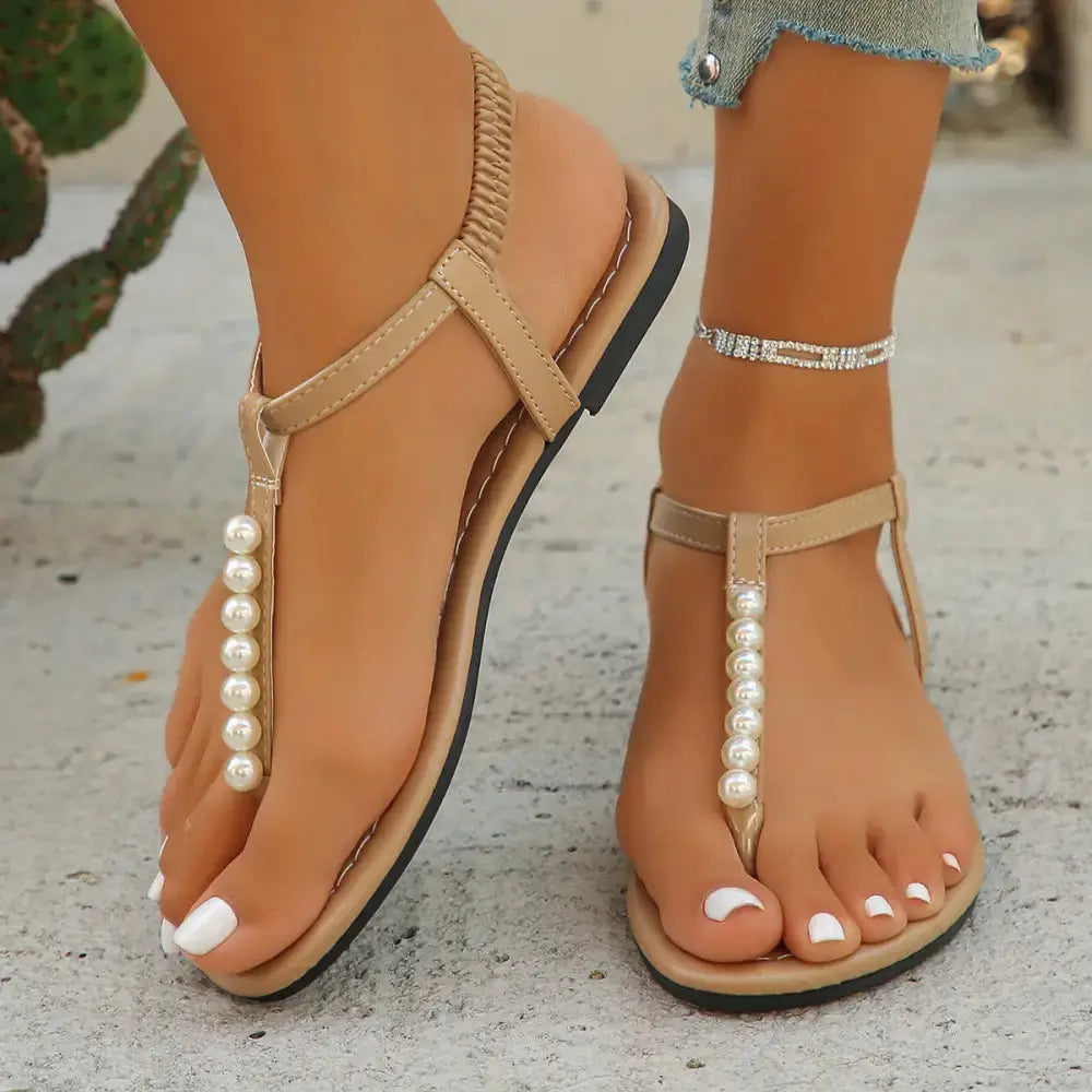 Pearl T-Strap Sandals with Faux Pearl Embellishments - LauBelle