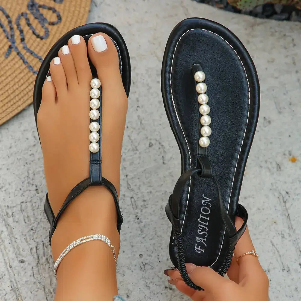 Pearl T-Strap Sandals with Faux Pearl Embellishments - LauBelle