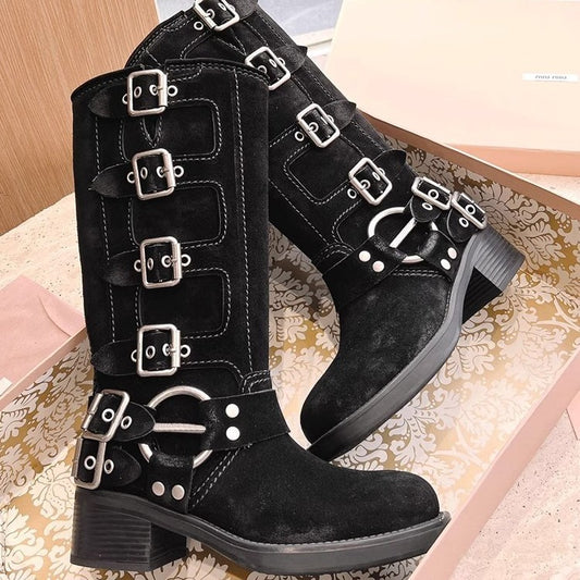 Vintage Knight Cow Suede High Tube Cowboy Boots - LauBelle