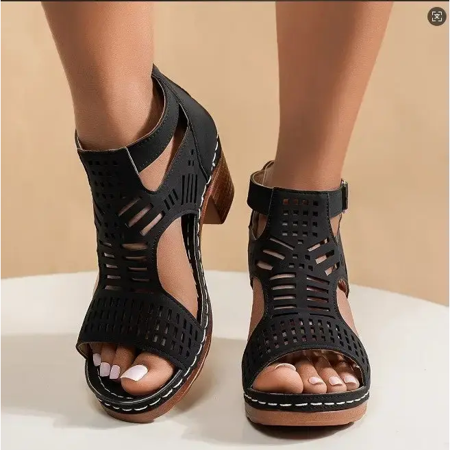 Hollow Chic Chunky Heel Peep-Toe Sandals for Women - LauBelle