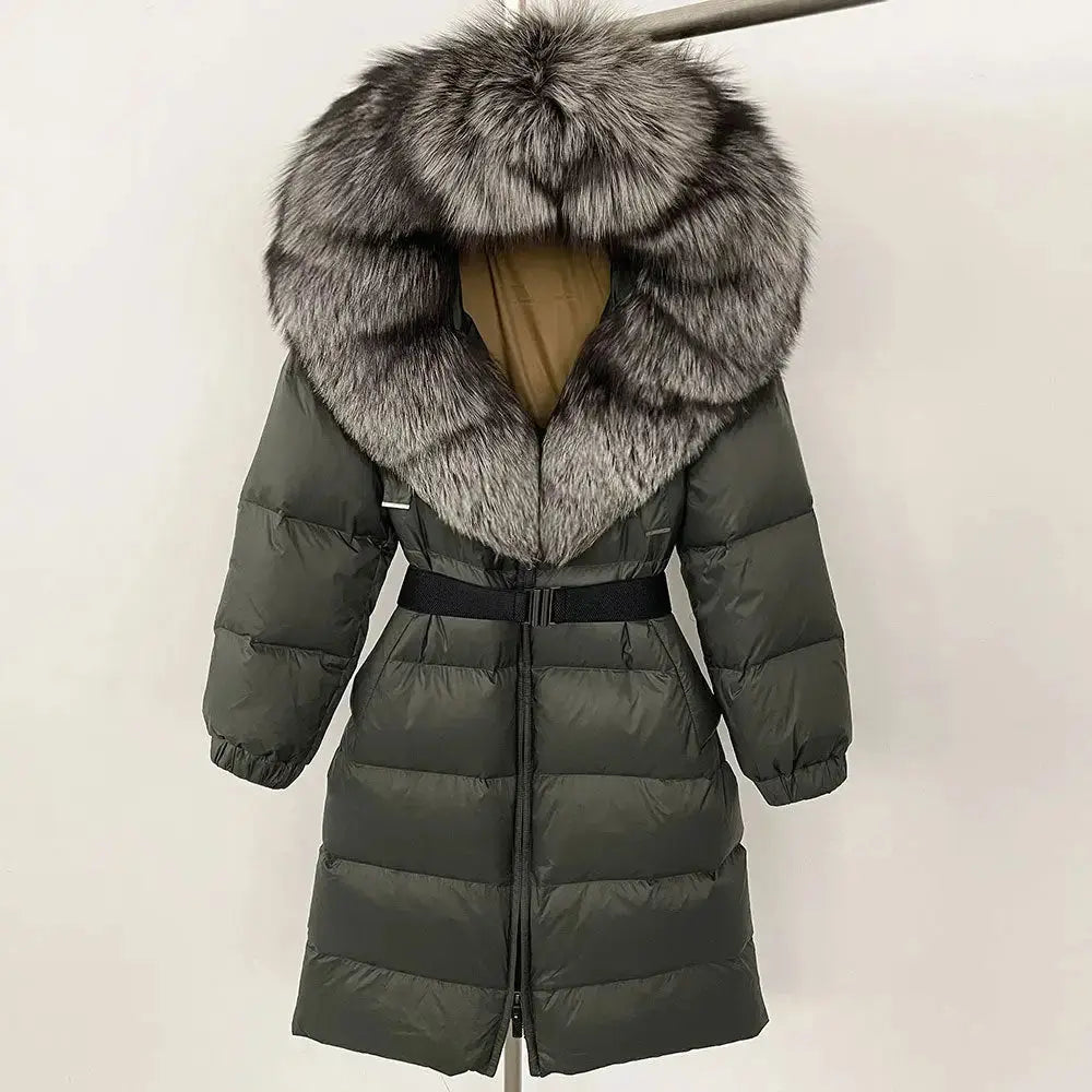 Black Down Coat with Fox Fur Trimmed Hood - LauBelle Brand