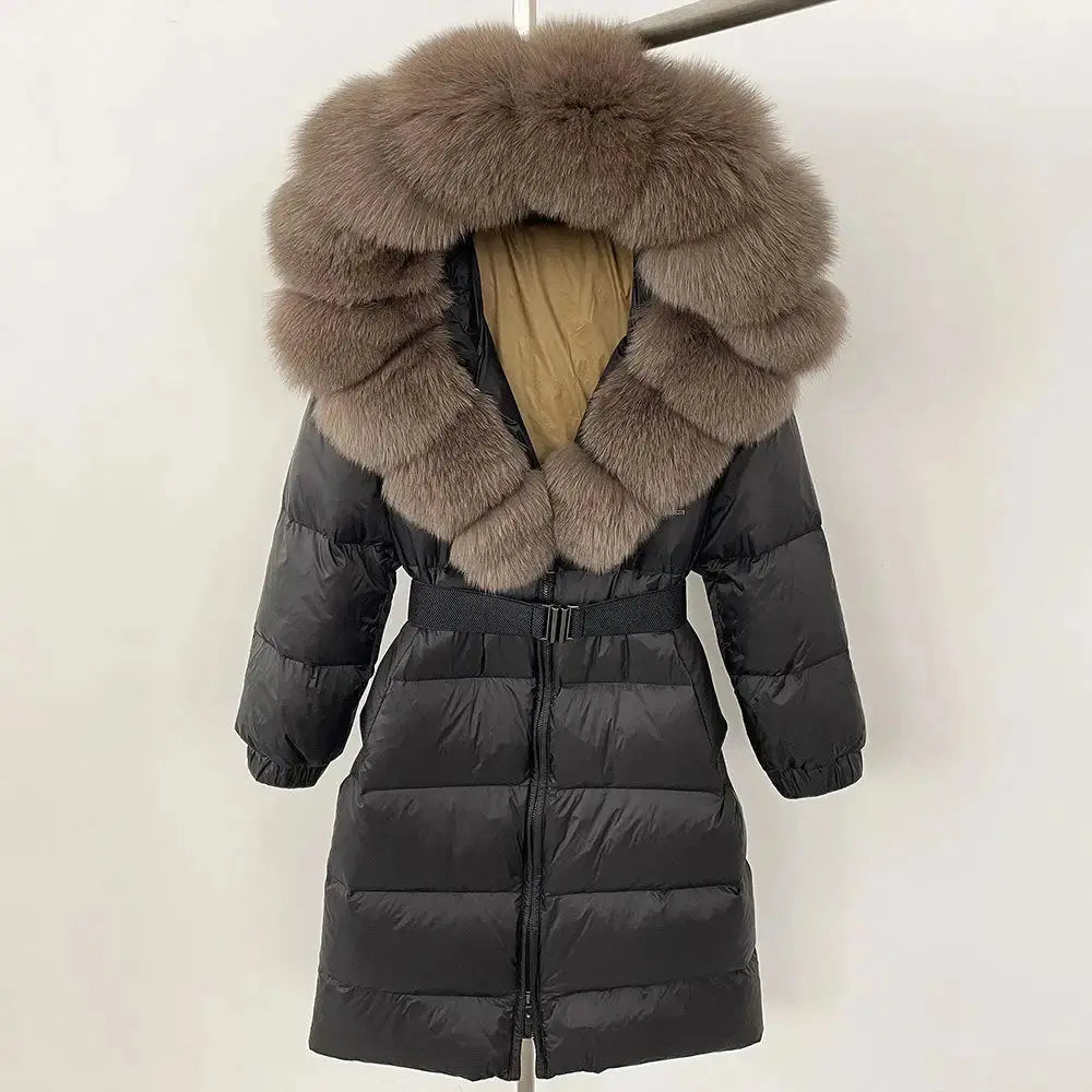 Black Down Coat with Fox Fur Trimmed Hood - LauBelle Brand