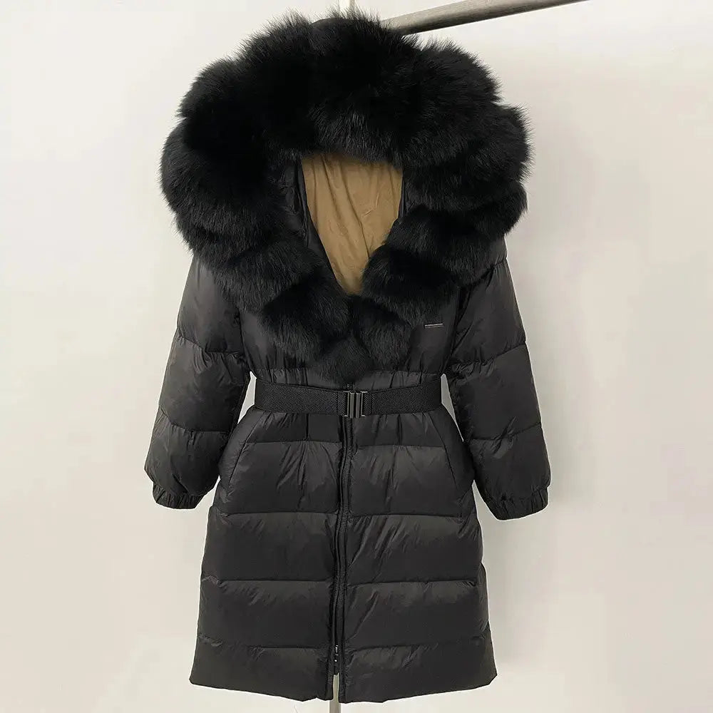 Black Down Coat with Fox Fur Trimmed Hood - LauBelle Brand