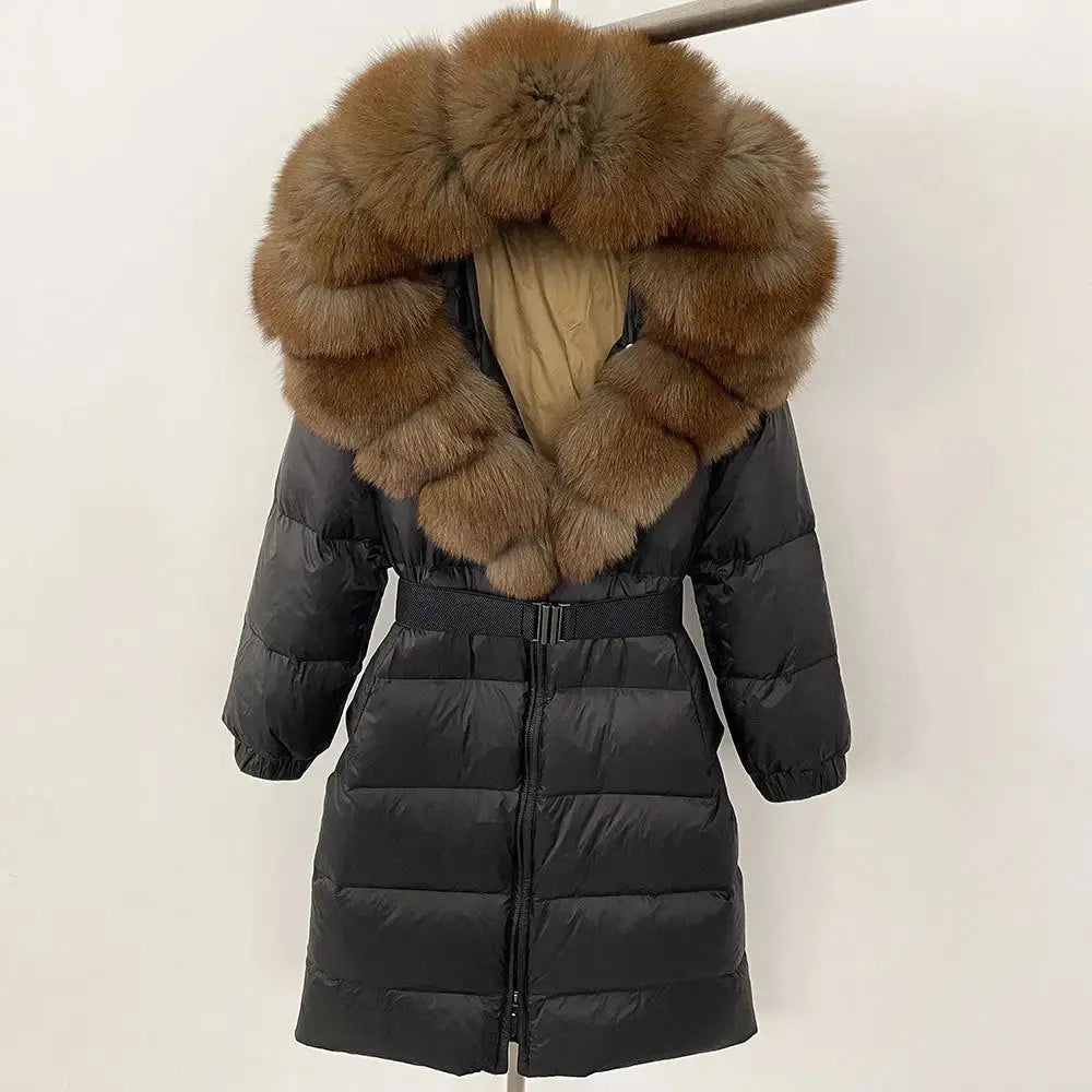 Black Down Coat with Fox Fur Trimmed Hood - LauBelle Brand