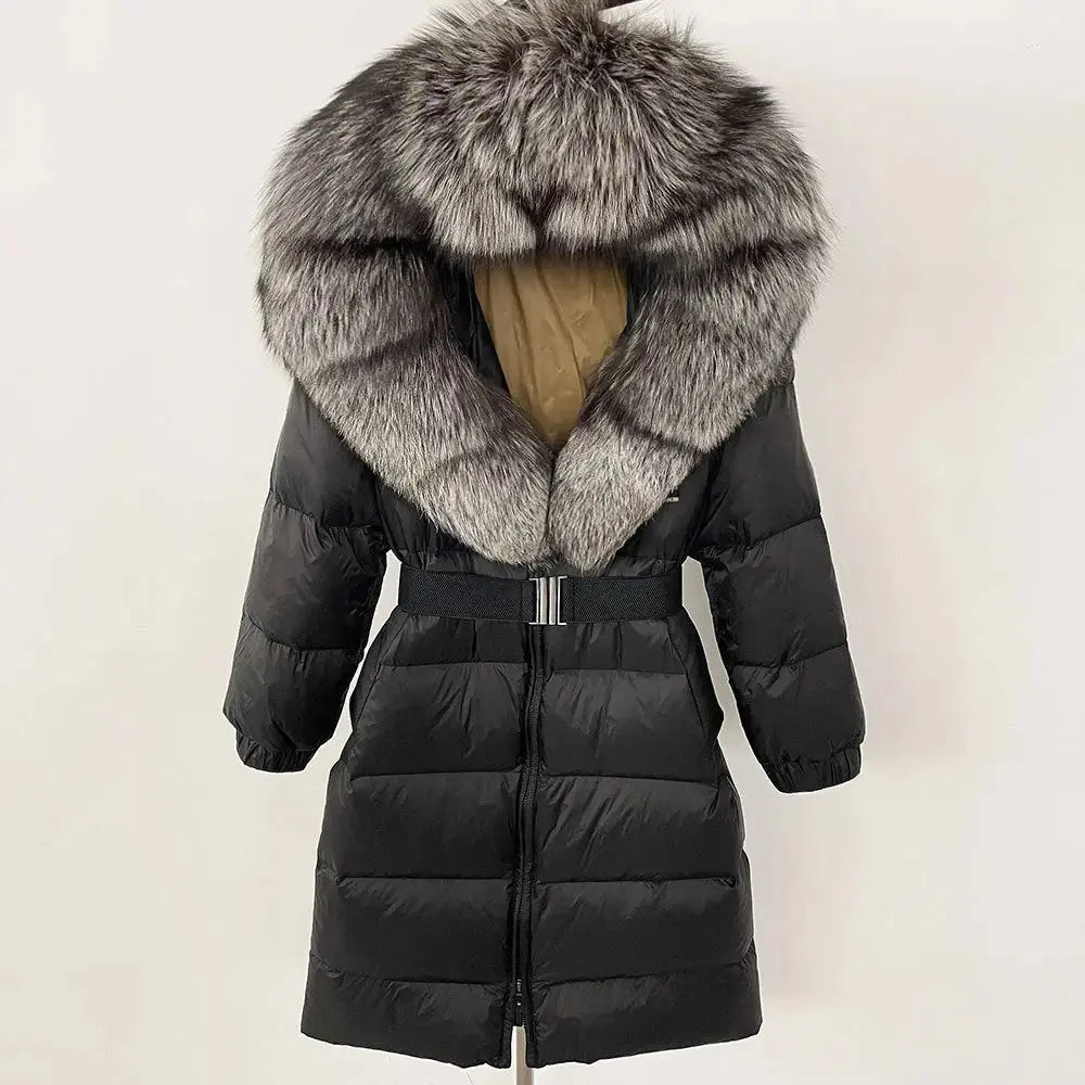 Black Down Coat with Fox Fur Trimmed Hood - LauBelle Brand
