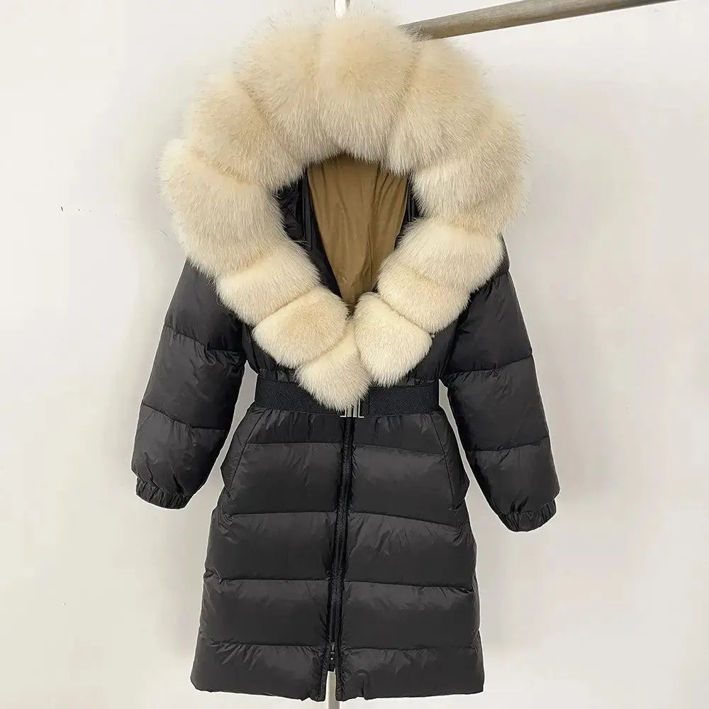 Black Down Coat with Fox Fur Trimmed Hood - LauBelle Brand