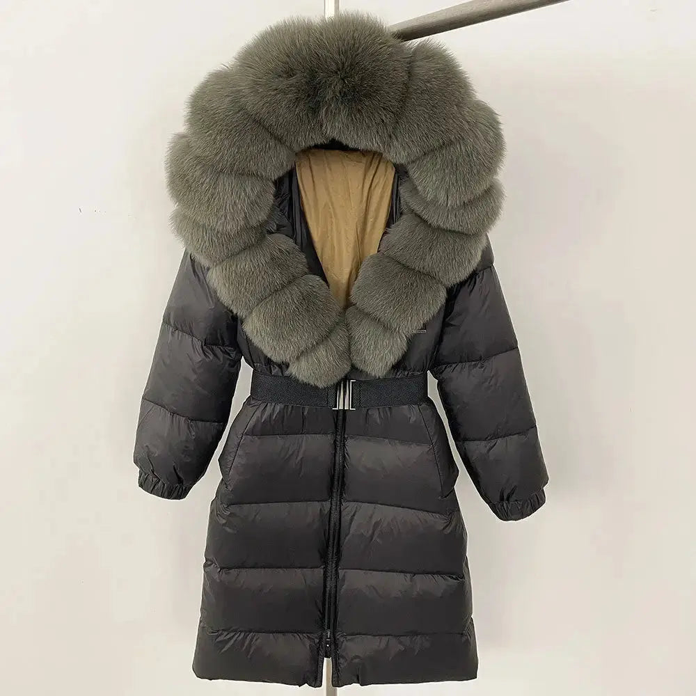 Black Down Coat with Fox Fur Trimmed Hood - LauBelle Brand