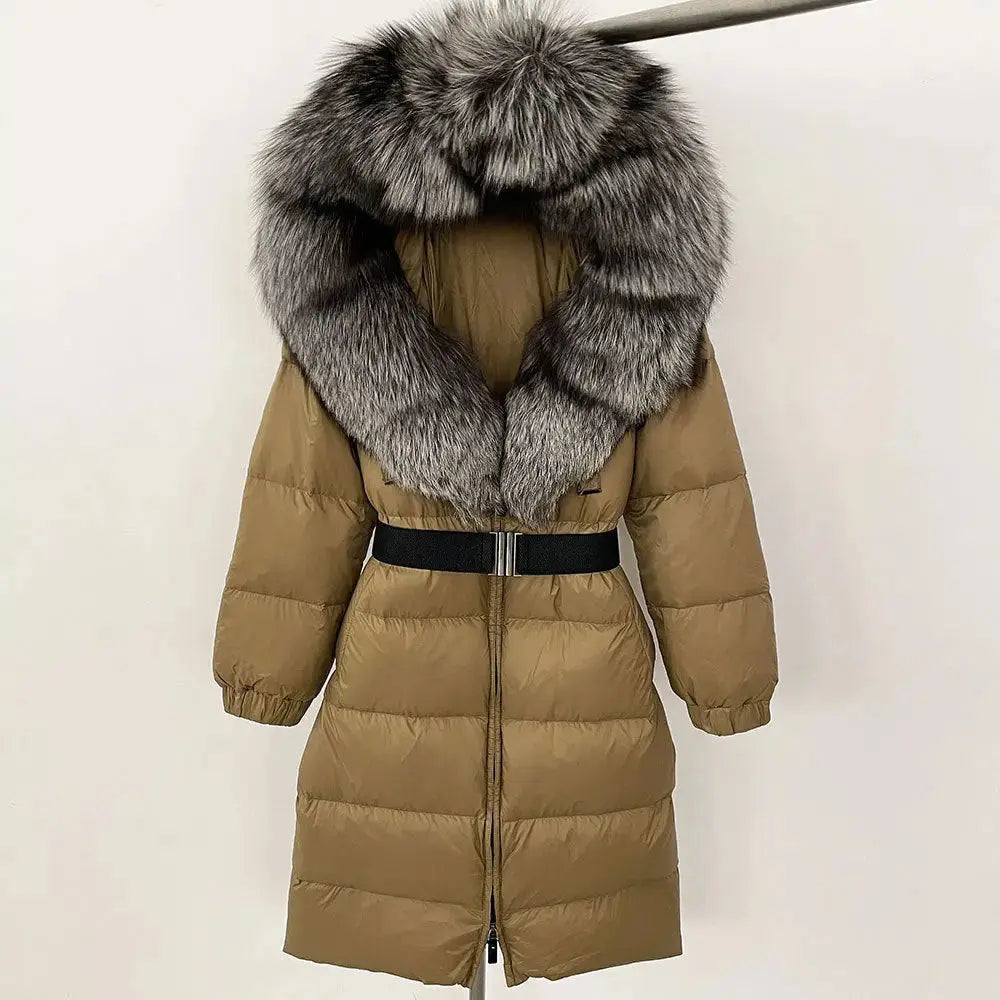 Black Down Coat with Fox Fur Trimmed Hood - LauBelle Brand