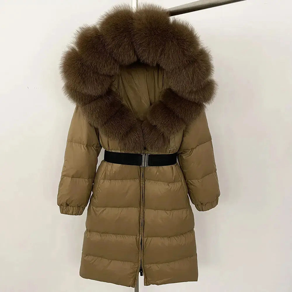 Black Down Coat with Fox Fur Trimmed Hood - LauBelle Brand