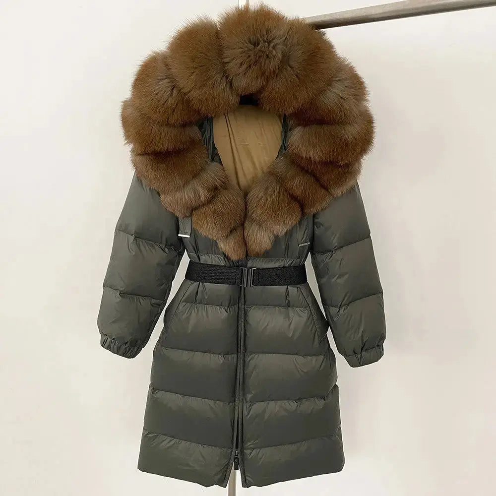 Black Down Coat with Fox Fur Trimmed Hood - LauBelle Brand