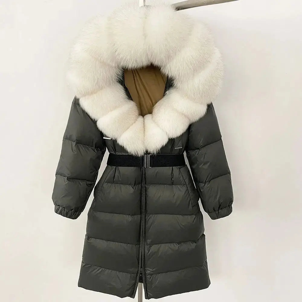 Black Down Coat with Fox Fur Trimmed Hood - LauBelle Brand