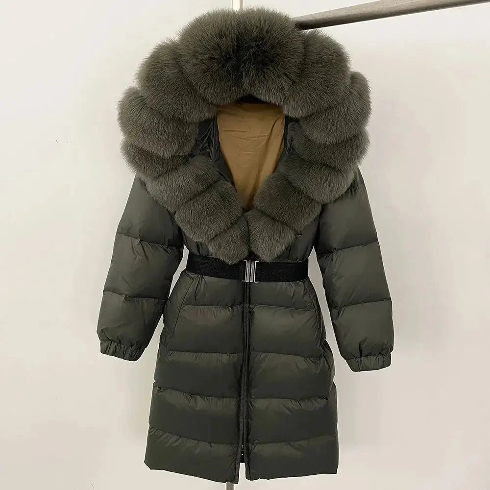 Black Down Coat with Fox Fur Trimmed Hood - LauBelle Brand